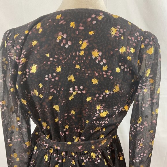 Sage The Label Mini Dress S Black Gold Purple Print Crossover Neck - Picture 8 of 10